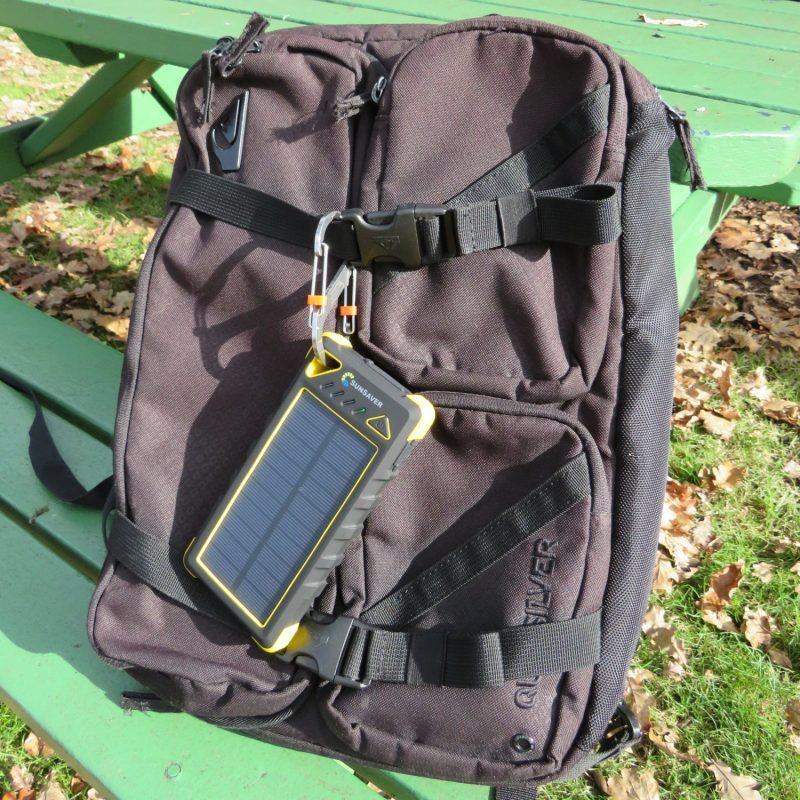 SunSaver Classic Solar Power Bank Hanging On A Backpack
